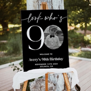 Black 90th Birthday Welcome Sign, Look Who&#39;s 90, Male Welcome Sign, Photo Welcome Sign, Editable Welcome Template, Black Welcome Sign