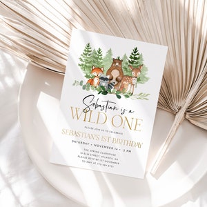 Forest 1st Birthday Invitation Template, Boy Woodland Wild One Invite, Forest Animals Birthday, Woodland Birthday, Editable Template