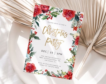 Christmas Party Invitation Printable, Editable Christmas Party Invite, Floral Christmas Template, Holiday Party Invite, Christmas Dinner