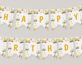 Banner de feliz cumpleaños de construcción, Banner de cumpleaños de construcción, Banner de cumpleaños de niño excavador, Cumpleaños de camión de volteo, Banner de cumpleaños de excavadora