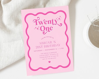 Wave 21st Birthday Invitation, Pink 21st Birthday Invite, Wavy Border 21st Birthday, Modern 21st Birthday Invite, Retro Birthday Party