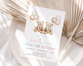 Twins 1st Birthday Invitation Template, Teddy Bear 1st Birthday Invite, Twin Girl & Boy Birthday, Editable Invitation, Pink and Blue Bear