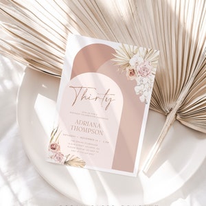 Boho Birthday Invitation Template, Boho 30th Birthday Party, Modern Arch Birthday, Adult Birthday, Editable Birthday Invite, Dusty Pink