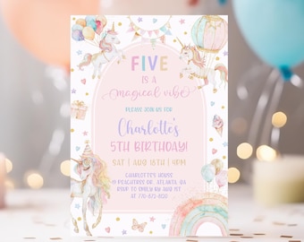 Plantilla de invitación de cumpleaños de unicornio, invitación para el quinto cumpleaños de unicornio, invitación mágica de unicornio pastel, invitación para el quinto cumpleaños de niña, editable