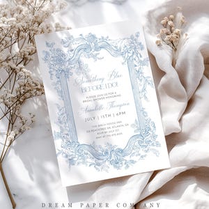 Vintage Blue Toile Bridal Shower Invitation Template, Elegant Chinoiserie Bridal Invite, Something Blue Before I Do, Dusty Blue Bridal