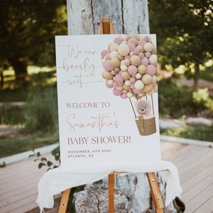 Teddy Bear Hot Air Balloon Welcome Sign Template, We Can Bearly Wait Welcome Sign, Baby Girl Teddy Bear Welcome Template, Editable Template