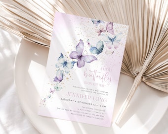 Butterfly Baby Shower Invitation Template, Girl Baby Shower Invite, Purple Butterflies Baby Shower, Editable Template, Our Little Butterfly