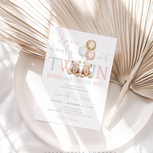 Twins Baby Shower Invitation Template, Teddy Bear Baby Shower, We Can Bearly Wait Invite, Boy and Girl Shower, Editable Template