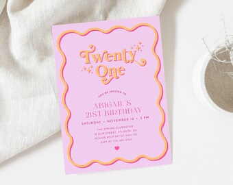 Wave 21st Birthday Invitation, Pink 21st Birthday Invite, Wavy Border 21st Birthday, Modern 21st Birthday Invite, Retro Birthday Party