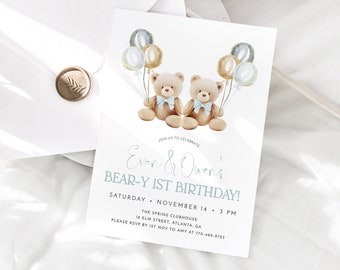 Twins 1st Birthday Invitation Template, Teddy Bear 1st Birthday Invite, Twin Boys Birthday, Editable Invitation, Blue Bear With Balloons