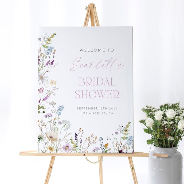 Modèle de signe de bienvenue de douche nuptiale Wildflower, signe de bienvenue de mariée de printemps, signe de bienvenue de fleur sauvage, modèle modifiable, signe de douche nuptiale