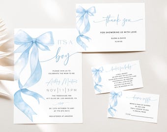 May include: A set of baby shower invitations and cards with a light blue watercolor bow design. The main invitation reads "It's a Boy" and includes event details. Other cards say "Thank you" and "Books for baby".