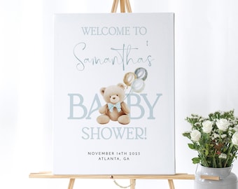 Blue Teddy Bear Welcome Sign Template, We Can Bearly Wait Welcome Sign, Boy Teddy Bear Baby Shower Welcome Template, Editable Template