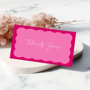 Wavy Border Place Card Template, Hot Pink Place Cards, Minimal Place Cards, Editable Template, Pink Wavy Place Card, Curvy Border