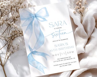 Blue Bow 16th Birthday Invitation Template, Ribbon 16th Birthday Invite, Coquette Invitation, Editable Template, Girl 16th Birthday Invite