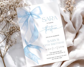 Blue Bow 13th Birthday Invitation Template, Ribbon 13th Birthday Invite, Coquette Invitation, Editable Template, Girl 13th Birthday Invite