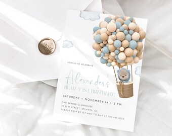 Teddy Bear Hot Air Balloon 1st Birthday Invitation Template, Editable Boy 1st Birthday Invite, Blue Bear With Balloons, Bear-y 1st Birthday