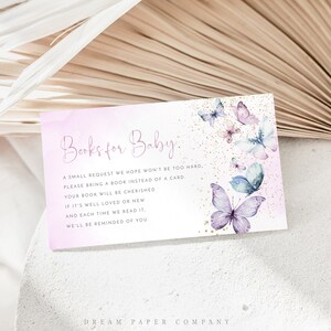 Vlinder Boeken voor Baby Sjabloon, Paarse Vlinders Boeken Insert Card, Bewerkbare Sjabloon, Meisje Baby Douche, Butterfly Boeken Verzoek Kaart