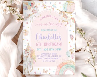 Unicorn Birthday Invitation Template, Unicorn 6th Birthday Invite, Magical Pastel Unicorn Invitation, Girl 6th Birthday Invitation, Editable