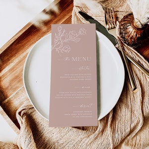 Carte de menu de mariage rose poussiéreux, menu minimaliste imprimable, modèle modifiable, menu rose moderne, menu de mariage floral botanique imprimable, ROSE