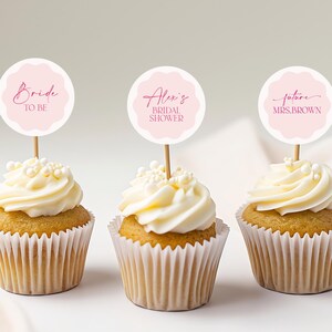 Pink Bridal Shower Cupcake Topper Template, Editable Cupcake Toppers, Trendy Wave Border Cupcake Toppers, Bridal Cupcake Toppers Printable