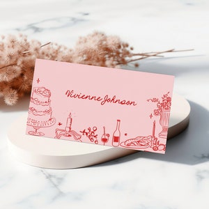 Plantilla de tarjeta de lugar de boda dibujada a mano, tarjetas de lugar divertidas y extravagantes, tarjetas de lugar de moda, plegables en forma de carpa, plantilla editable, tarjeta de lugar rosa con garabatos