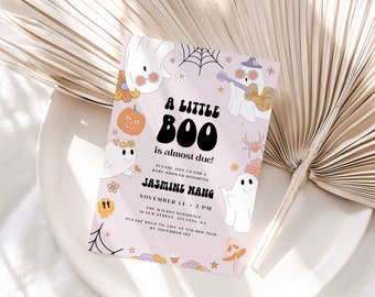 Groovy Halloween Baby Shower Invitation, A Little Boo Baby Shower Invite, Cute Ghosts Baby Shower, Retro Baby Shower, Modèle modifiable