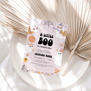 Groovy Halloween Baby Shower Invitation, A Little Boo Baby Shower Invite, Cute Ghosts Baby Shower, Retro Baby Shower, Editable Template image 1