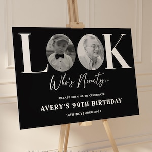 Black 90th Birthday Welcome Sign, Look Who&#39;s 90, Male Welcome Sign, Photo Welcome Sign, Editable Welcome Template, Black Welcome Sign