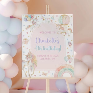 Unicorn Birthday Welcome Sign Template, Unicorn 4th Birthday Welcome Sign, Magical Pastel Unicorn Signs, Girl 4th Birthday Decor, Editable