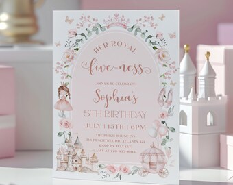 Plantilla de invitación para el quinto cumpleaños de una princesa, invitación para el quinto cumpleaños de su reina, invitación para el quinto cumpleaños de una niña, invitación de Érase una vez