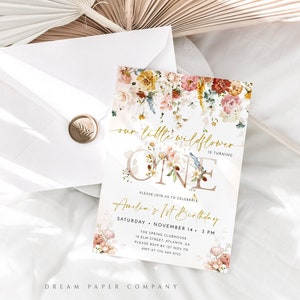 Spring 1st Birthday Invitation Template, Girl 1st Birthday Invite, Editable Birthday Invitation, Floral Garden, Wildflowers Birthday Invite