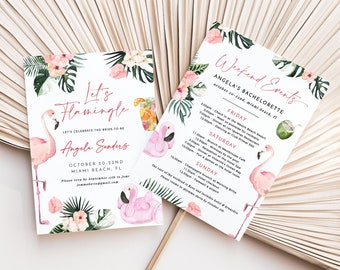 Plantilla de itinerario de despedida de soltera con flamencos, Let's Flamingle, invitación para despedida de soltera, escapada de fin de semana para despedidas de soltera, agenda de viaje de chicas, tropical