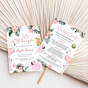 Puede incluir: Dos tarjetas con temática de flamencos rosas con diseños florales tropicales. La primera tarjeta es una invitación a una despedida de soltera con el texto "Let's Flamingle" y "Angela Sanders" con la fecha "October 30-31st Miami Beach, FL". La segunda tarjeta enumera los eventos del fin de semana para la despedida de soltera.