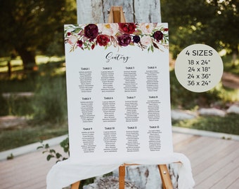 Wedding Seating Chart Template Editable Template Seating Arrangement Wedding Table Plan Marsala Burgundy Seating Chart Floral Seating Chart