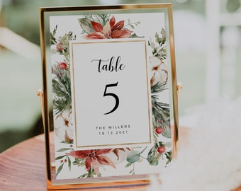 Christmas Table Numbers Template, Winter Wedding Table Numbers Printable, Holiday Wedding, DIY Table Number Signs, Editable Template