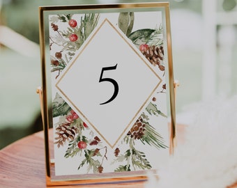 Christmas Table Numbers Template, Winter Wedding Table Numbers Printable, Holiday Wedding, DIY Table Number Signs, Editable Template