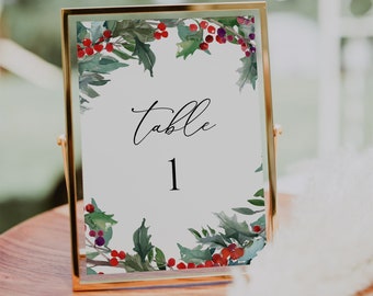 Christmas Table Numbers Template, Holiday Table Numbers Printable, Holiday Party, Winter Wedding Table Number Signs, Editable Template