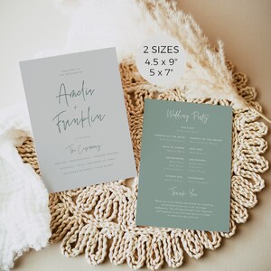 May include: Two wedding ceremony cards with a light blue background. The first card has the names Amelir and Franklin with the text "Welcome to the wedding of" and "The Ceremony". The second card has the text "Wedding Party" and lists the names of the wedding party members. The cards are on a woven straw mat.