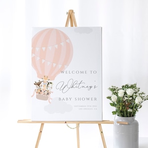 Znak powitalny balonu na ogrzane powietrze, znak powitalny na baby shower do wydrukowania, baby shower dla dziewczynek, zwierzęta w maskach, prysznic w górę i w dół, szablon edytowalny