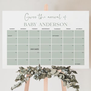 Salbeigrüne Baby Shower Geburtsdaten Kalender Vorlage, Minimalistisches Datumsschild, Salbei FälligkeitSdatumsschild, Bearbeitbares Geburtsdatenschild