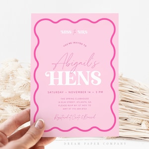 Wave Hens Party Invitation Template, Retro Wavy Bridal Invite, Pink Hens Party, Curve, Wriggly Border Invite, Editable Template