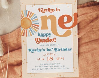 Editable Sun 1st Birthday Invitation, One Happy Dude Retro 1st Birthday Party Invite, 1st Birthday Invitation, Boho Sun Invitation,