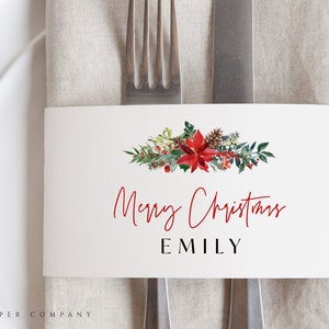 Christmas Place Card Template, Holiday Name Card Printable, Merry Christmas Napkin Wrap, Editable Name Tag, Custom Christmas Name Card