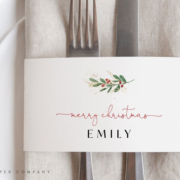 Christmas Name Card Template, Holiday Place Card Printable, Merry Christmas Napkin Wrap, Editable Name Tag, Custom Christmas Place Card