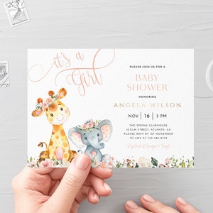 Giraffe Baby Shower Invitation, It's a Girl Baby Shower, Editable Baby Shower Invite, Elephant Baby Shower Invite, Instant Download