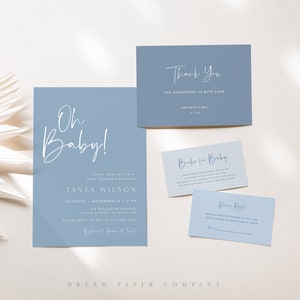 Blue Baby Shower Invitation Template, Modern Baby Shower Invite, Powder Blue Invitation Suite, Oh Boy Baby Shower, Editable Template
