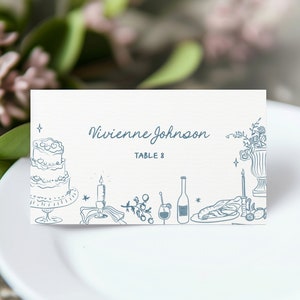 Hand Drawn Wedding Place Card Template, Fun Place Cards, Trendy Place Cards, Tent Fold, Editable Template, Whimsical Illustrations, Blue
