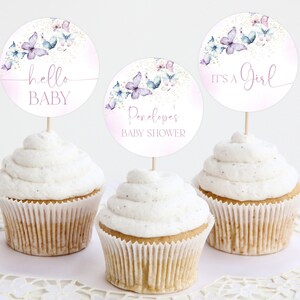 Butterfly Cupcake Topper Template, Editable Cupcake Toppers, Purple Baby Shower Cupcake Topper, Girl Cupcake Topper Printable, A103
