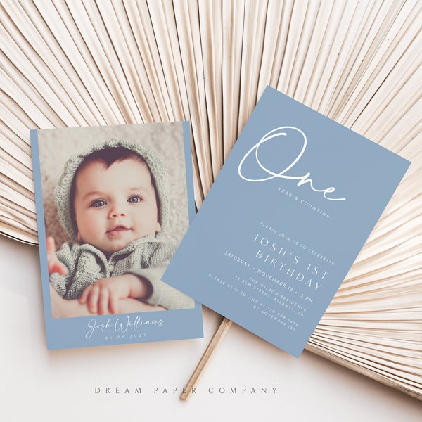 Dusty Blue 1st Birthday Invitation Template, Minimalist First Birthday Invite, Baby Boy 1st Birthday Invitation, Editable Invitation